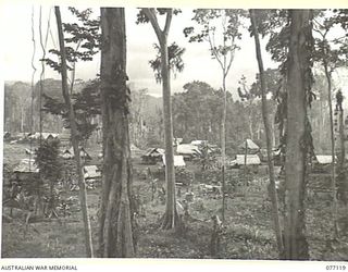 LAE, NEW GUINEA. 1944-11-27. A GENERAL VIEW OF BUTIBUM VILLAGE. THIS VILLAGE HAS BEEN TAKEN OVER BY THE AUSTRALIAN NEW GUINEA ADMINISTRATIVE UNIT TO HOUSE AND REHABILITATE THOSE NATIVES WHO ..