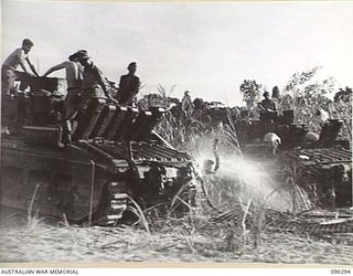 BOUGAINVILLE. 1945-03-30. TANK CREWS OF 2/4 ARMOURED REGIMENT HOSING SAND OFF THEIR TANKS AFTER CROSSING THE PURIATA RIVER DURING THE MOVE FORWARD TO SUPPORT 25 INFANTRY BATTALION