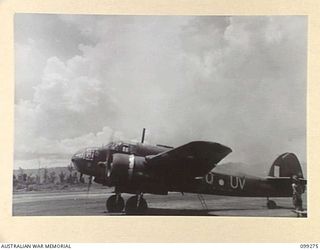 RABAUL, NEW BRITAIN, 1945-12-01. BEAUFORT BOMBER OF 8 SQUADRON, RAAF, WARMING UP ON LAKUNAI AIRSTRIP BEFORE TAKEOFF