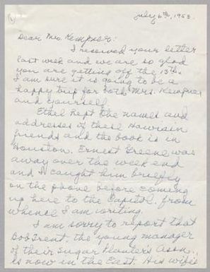 [Letter from Walter F. Woodull to I. H. Kempner, July 6, 1953]