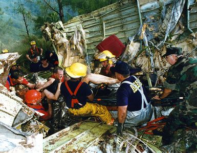 Military Photographer of the Year Winner 1997 Title: One in a Million Category: Directors Choice Place: 1ST Place Caption: LT. CMDR. Jim Lehner, COMNAVMARIANAS Security Officer leads Navy, Air Force, Coast Guard and Guam civilian firefighters in the careful extraction of one of 35 fortunate survivors from the tangled wreckage of Korean Airlines Flight 801