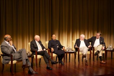 A Path to Equality: The Impact of the Civil Rights Acts of the 1960s; from left to right: Michael Steele, former Chairman of the Republican National Committee and Lieutenant Governor of Maryland; Jim Jones, former Chief of Staff to President Johnson, Congressman, and Ambassador to Mexico; Carol Moseley Braun, former Senator and Ambassador to New Zealand and Samoa; Charles Ferris, former Chairman of the FCC; and moderator Todd Purdum, writer at Politico