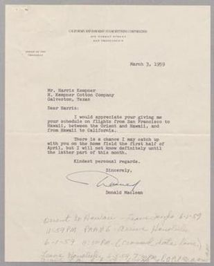 [Letter from Donald Maclean to Harris Leon Kempner, March 3, 1959]
