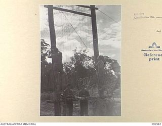 BOUGAINVILLE. 1945-05-25. MEMBERS OF 15 INFANTRY BRIGADE SIGNAL SECTION AND 3 DIVISION SIGNALS, CONNECTING UP LINES TO LINK COMMUNICATION BETWEEN FORWARD BATTALIONS AND BRIGADE HEADQUARTERS. THE H ..