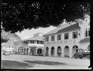 An Apia street scene with the Burns Philp (South Sea) Co Ltd and local Post Office buildings, Apia, Western Samoa