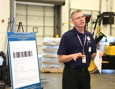 Atlanta, Ga. , November 17, 2010 -- FEMA Hawaii Distribution Center Manager, Randy Johnson, explains the pallet placement system during a tour of the new Atlanta Distribution Center. This facility is one of nine distribution points around the United States to quickly and efficiently support disaster survivors with food, water and emergency supplies. David Fine/Photographer