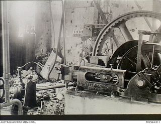 Fanning Island. 7 September 1914. The interior of the Engine Room of the Pacific Cable Board on Fanning Island after it had been destroyed by German Marines from the Nurnberg. The Nurnberg ..