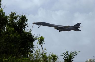 A US Air Force (USAF) B-1B Lancer aircraft takes off at Andersen Air Force Base (AFB), Guam, in support of Operation ENDURING FREEDOM