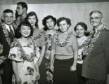 WU students from Hawaii with the Douglas McKay [Sec of Interior, left] and Oregon Governor Paul Patterson [right] as they prepare for an annual Christmas broadcast