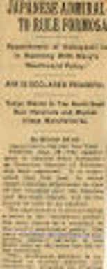 Japanese Admiral To Rule Formosa: Appointment Of Kobayashi Is In Harmony With Navy's 'Southward Policy.' Northwest History. Box 12. Japan Ob-So. Political Affairs.