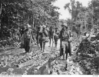 New Guinea. 1943-01-22. Department of Information cameramen Bill Carty and Cliff Bottomley, official photographers, followed by native bearers, on the muddy track between Buna and Sanananda during ..