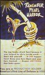 Poster depicting cartoon snake wrapped around a palm tree with caption "Remember Pearl Harbor"