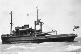 SAN PABLO BAY, CALIFORNIA, UNITED STATES. 1943-05-26. PORT QUARTER VIEW OF THE COMMONWEALTH SALVAGE BOARD'S SALVAGE VESSEL CALEDONIAN SALVOR. THIS VESSEL CARRIED OUT TEMPORARY REPAIRS ON THE ..