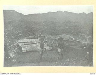 MILNE BAY, NEW GUINEA. 1943-03. NATIVE BOYS, UNDER THE SUPERVISION OF SAPPERS OF "D" COMPANY, 2/1ST PIONEER BATTALION, LAYING CORDUROY LOGS DURING THE BUILDING OF THE HILL STATION ROAD