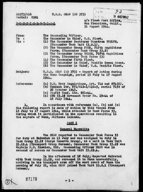 USS SHAW - Rep of Ops Off Guam Is, Marianas, 7/15/44 to 8/17/44