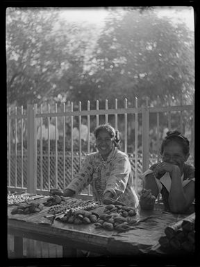 Market scene with women selling clams, Papeete, Tahiti