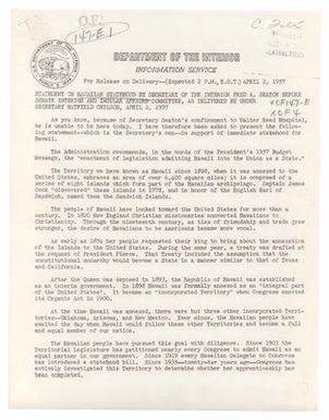 Statement on Hawaii Statehood by Secretary of the Interior Fred A. Seaton