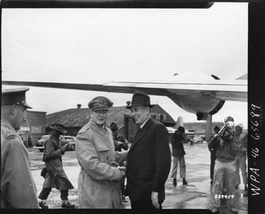 General Douglas MacArthur Greets Prime Minister Joseph B. Chifley After the LAtter Arrived at Atsugi Airfield, From Guam, Today