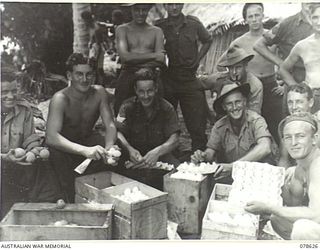 SAMPUN, NEW BRITAIN. 1945-01-14. TROOPS OF HEADQUARTERS, 14/32ND INFANTRY BATTALION SMILE HAPPILY AS THEY EXAMINE THE CONSIGNMENT OF FRESH FOOD