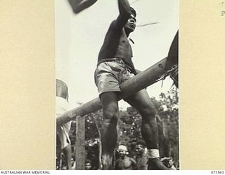 SONG RIVER, FINSCHHAFEN AREA, NEW GUINEA. 1944-03-26. NEW GUINEA NATIVE ENJOYING A PILLOW FIGHT DURING FESTIVITIES AT A SING-SING IN THE AUSTRALIAN NEW GUINEA ADMINISTRATIVE UNIT COMPOUND ..