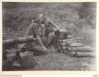 YAMIL AREA, NEW GUINEA, 1945-07-06. SERGEANT C.H. REGAN (1) AND PRIVATE R.N. SHOESMITH (2), MEMBERS OF D COMPANY, 2/5 INFANTRY BATTALION, OBSERVING BEAUFORT AIRCRAFT STRIKE ON ULUM RIDGE