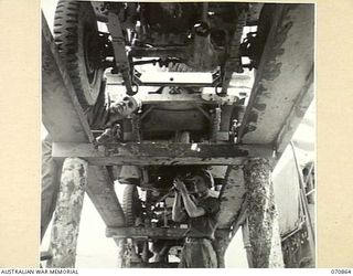 WAU, NEW GUINEA, 1944-02-20. NX160495 DRIVER A.A. RITCHIE (1), AND QX3959 LANCE CORPORAL E.L. MOORE (2), BOTH MEMBERS OF THE 2/34TH GENERAL TRANSPORT COMPANY, INSPECT THE UNDERCARRIAGES OF JEEPS