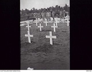 AITAPE, NEW GUINEA, 1945-03-20. GENERAL SIR THOMAS A. BLAMEY, COMMANDER-IN-CHIEF, ALLIED LAND FORCES, SOUTH WEST PACIFIC AREA (FOURTH FROM RIGHT), WITH CAPTAIN R. J. KERR, OFFICER COMMANDING 7TH ..