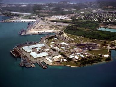 An aerial view of the US Naval Ship Repair Facility and surrounding area