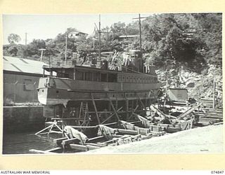THE SLIPWAY AT THE RAN BASE STORE, HMAS "BASILISK" WITH HMAS WATCHER (FORMERLY LOOKOUT) ON THE SLIPS