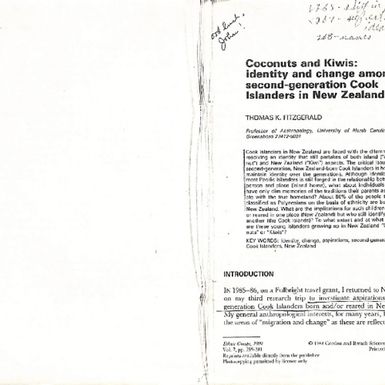 Coconuts and Kiwis: identity and change among second-generation Cook Islanders in New Zealand. Ethnic Groups, 1989 Volume 7, pages  259-281.