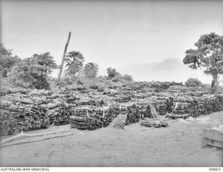 KOKOPO AREA, NEW BRITAIN. 1945-09-16. JAPANESE INFANTRY RIFLES BUNDLED UP ON THE BEACH NEAR KOKOPO