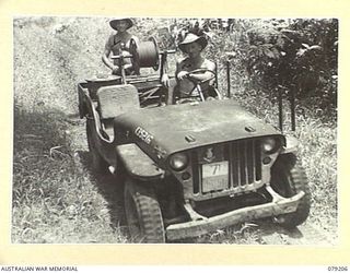 BOUGAINVILLE ISLAND. 1945-02-17. Q1770 SIGNALLER A.J. SMITH (DRIVING JEEP) (1) AND Q1703 CORPORAL W.S. SCAMMELLS (FOLLOWING) (2) 7TH INFANTRY BRIGADE SIGNALS, LAYING A NEW TELEPHONE CABLE ALONG THE ..