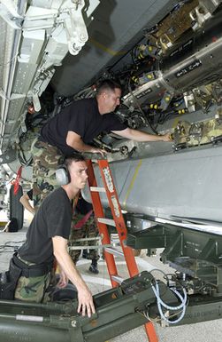 US Air Force (USAF) STAFF Sergeant (SSGT) Landon Favors (foreground) and USAF SSGT Clayton Carver, both Weapons Loaders, assigned to the 2nd Bomb Wing (BW), work to load a Conventional Air Launch Cruz Missile into the weapons bay of a USAF B-52H Stratofortress aircraft while deployed with the 7th Air Expeditionary Wing (AEW) at Andersen Air Force Base (AFB), Guam, during Operation ENDURING FREEDOM