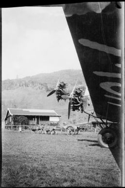 Bullock cart viewed from under a plane wing, Wau airfield, New Guinea, 1933, 2 / Sarah Chinnery