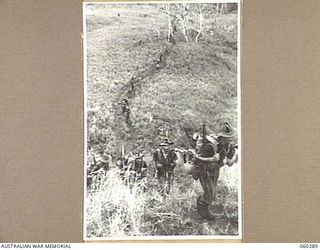 RAMU VALLEY AREA, NEW GUINEA. 1943-11-08. A SECTION OF THE 2/27TH AUSTRALIAN INFANTRY BATTALION MOVING UP A STEEP SLOPE. SHOWN ARE: SX7307 SERGEANT L. L. ROSENBERG (1); SX10713 PRIVATE A. L. ..