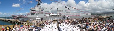 A concave wide-angel view showing the official Commissioning Ceremony for the US Navy (USN) Arleigh Burke Class (Flight IIA): Guided Missile Destroyer (Aegis), USS CHUNG-HOON (DDG 93), held at Pearl Harbor, Hawaii (HI)