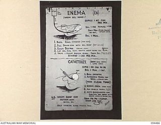 LAE AREA, NEW GUINEA, 1945-08-03. A "PIDGIN" ENGLISH CHART USED FOR THE INSTRUCTION OF NATIVE REGIMENTAL AID POST ORDERLIES. THE PHOTOGRAPH WAS MADE AT THE REQUEST OF HEADQUARTERS AUSTRALIAN NEW ..