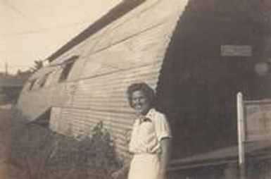 Bess Hambright Phifer outside a Red Cross quonset hut