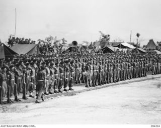 CAPE WOM, NEW GUINEA, 1945-09-13. LT-GEN H. ADACHI, COMD 18 JAPANESE ARMY IN NEW GUINEA, FORMALLY SURRENDERED TO MAJ-GEN H.C.H. ROBERTSON, GOC 6 DIVISION, IN A CEREMONY HELD AT CAPE WOM AIRSTRIP. ..