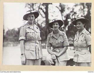 BOUGAINVILLE. 1945-06-07. LIEUTENANT COLONEL M.S. DOUGLAS, CONTROLLER OF AUSTRALIAN ARMY MEDICAL WOMEN'S SERVICE (1) WITH CAPTAIN M.S. WILLIAMSON, COMMANDER AUSTRALIAN ARMY MEDICAL WOMEN'S SERVICE, ..