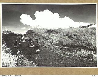 LAKE ROAD, FINISTERRE RANGES, NEW GUINEA. 1943-12-21. A BULLDOZER OF THE ROYAL AUSTRALIAN ENGINEERS, 7TH AUSTRALIAN DIVISION BEING USED TO FORM A ROAD ABOVE THE LAKE IN THE FOOTHILLS OF THE ..