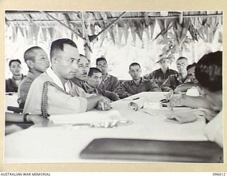 BONIS PENINSULA, BOUGAINVILLE. 1945-09-15. SURRENDER DISCUSSIONS AT JAPANESE NAVAL HEADQUARTERS, BONIS PENINSULA. THE PREVIOUS DAY, THE AUSTRALIAN SURRENDER PARTY, MEMBERS OF HEADQUARTERS 2 CORPS, ..