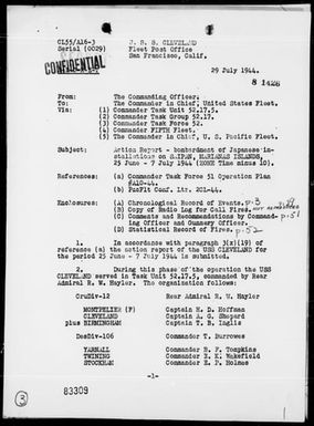 USS CLEVELAND - Report of Bombardments of Japanese Installations on Saipan Island, Marianas - Period 6/25/44 to 7/7/44