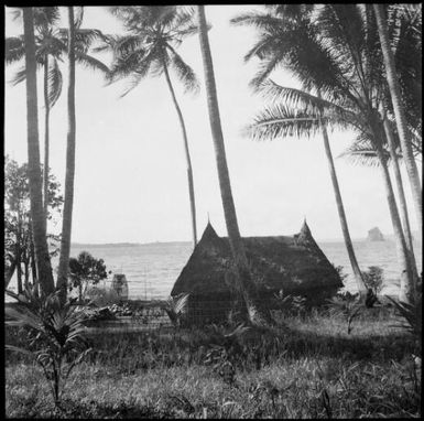 Thatch roofed house with a fish trap in the background, New Guinea, ca. 1936 / Sarah Chinnery