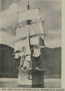 The barquentine Cap Pilar under sail just off the Nuka Hiva, in the Marquesas
