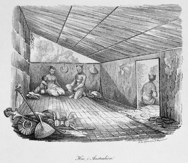 [Sainson, Louis Auguste de] b 1800 :Hus i Australien [Interieur d'une case de Nouka-Hiva] Pl 183. [Stockholm?] Gothstrom & Magnusson, [ca 1838]