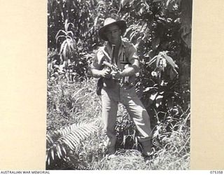 LAE, NEW GUINEA. 1944-02-18. NX122585 WARRANT OFFICER A. HOLLIER, HEADQUARTERS, NEW GUINEA FORCE, DEMONSTRATING TYPICAL AUSTRALIAN ARMY JUNGLE UNIFORMS EQUIPMENT