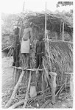 Folofo'u, wearing old police belt, on speaking platform with fernwood 'ea figures made by Arimae of Furi'ilae for the opening of the Kwaio Cultural Centre in August 1979