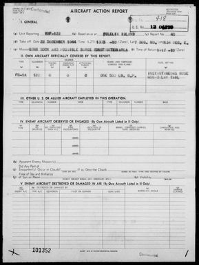 VMF-122 - ACA Reps Nos 46-47 - Bombing & Strafing Dock & Possible Barge Construction Area on Babelthuap Is, Palau Is on 12/22/44