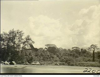 BOUGAINVILLE ISLAND, SOLOMON ISLANDS. C. 1945-01-25. A VERSATILE ANSON AIRCRAFT OF NO. 10 COMMUNICATIONS UNIT RAAF BASED AT TOROKINA SKIRTS UP THE COAST AS THE CREW WATCH FOR THE CONCEALED POSITION ..